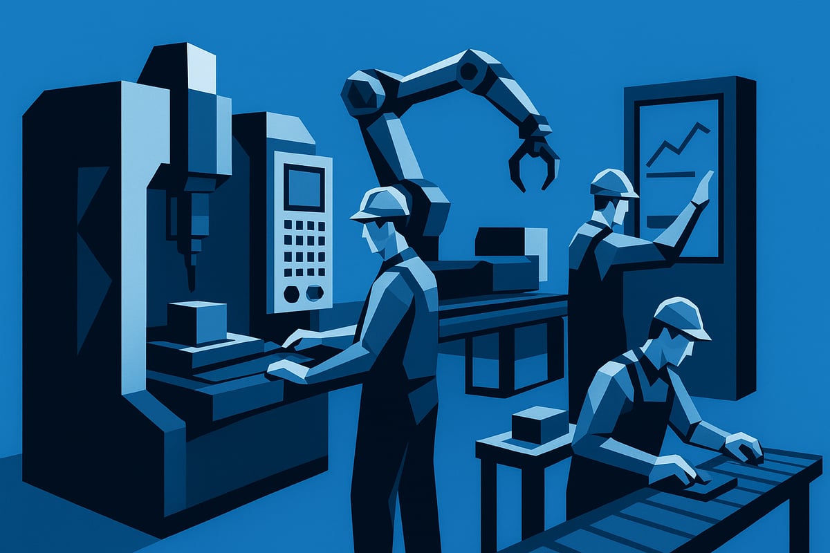 Low-poly illustration of a modern manufacturing scene featuring workers operating machinery, including a CNC machine and robotic arm, emphasizing technological advancements in manufacturing and machining.