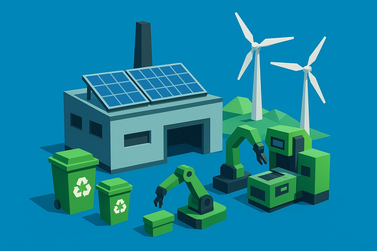 Low-poly illustration of a modern manufacturing facility featuring solar panels, wind turbines, green recycling bins, and robotic arms, emphasizing sustainability and green manufacturing initiatives.