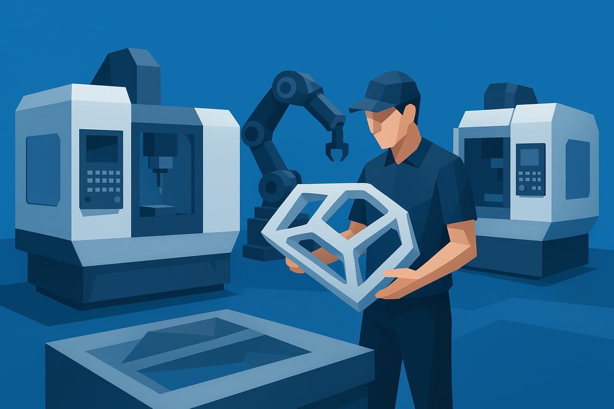 Modern man holding a machined part in a manufacturing environment with CNC machines and robotic automation, illustrating advanced machining techniques and precision manufacturing.