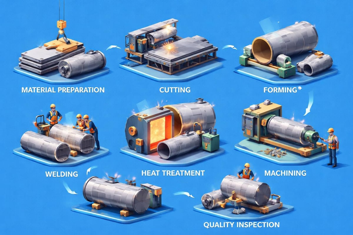 Illustration of oil and gas fabrication processes including material preparation, cutting, forming, welding, heat treatment, machining, and quality inspection, highlighting critical components in energy infrastructure.