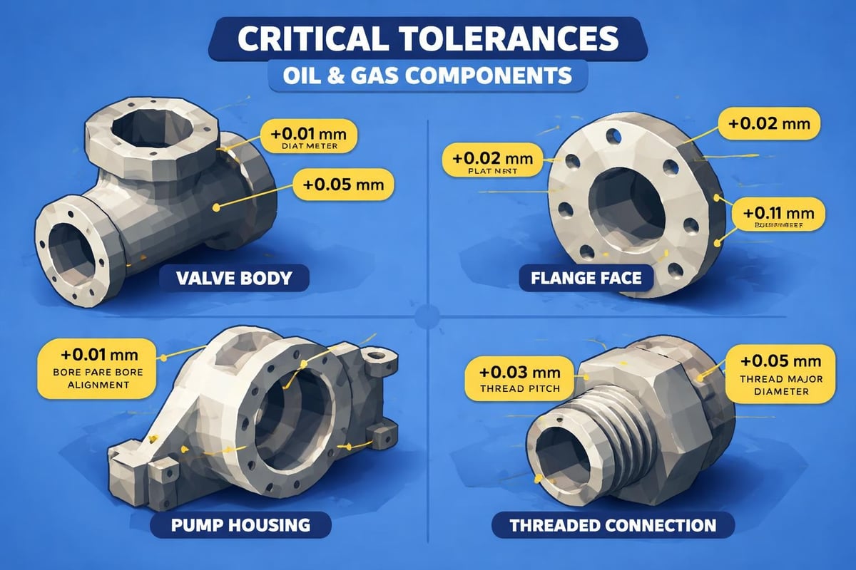 Critical tolerances for oil and gas components, featuring valve body, flange face, pump housing, and threaded connection with precise measurements for diameter, flatness, bore alignment, and thread pitch.