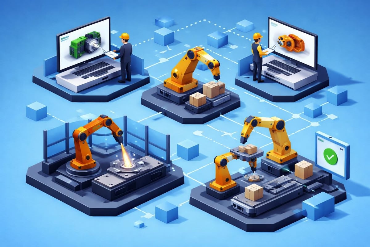 Digital fabrication process with robotic arms, engineers monitoring production on computers, and 3D modeling, illustrating advanced technology in oil and gas fabrication.