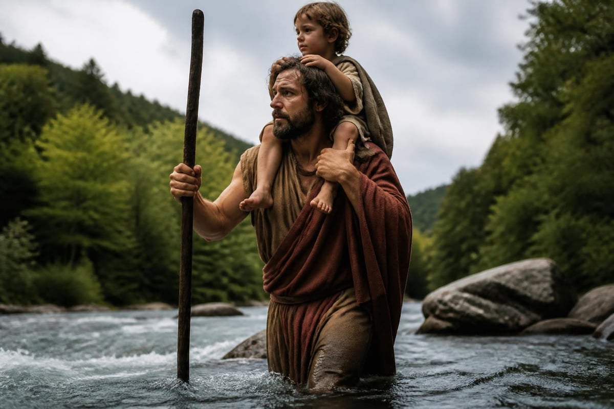 Saint Christopher carrying travelers across dangerous waters