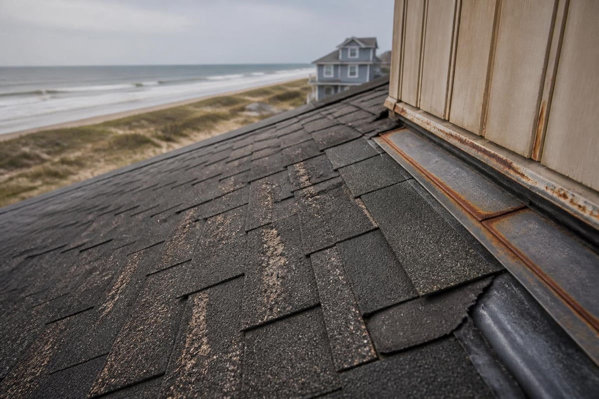 Coastal wind and salt air damage patterns on roofing materials