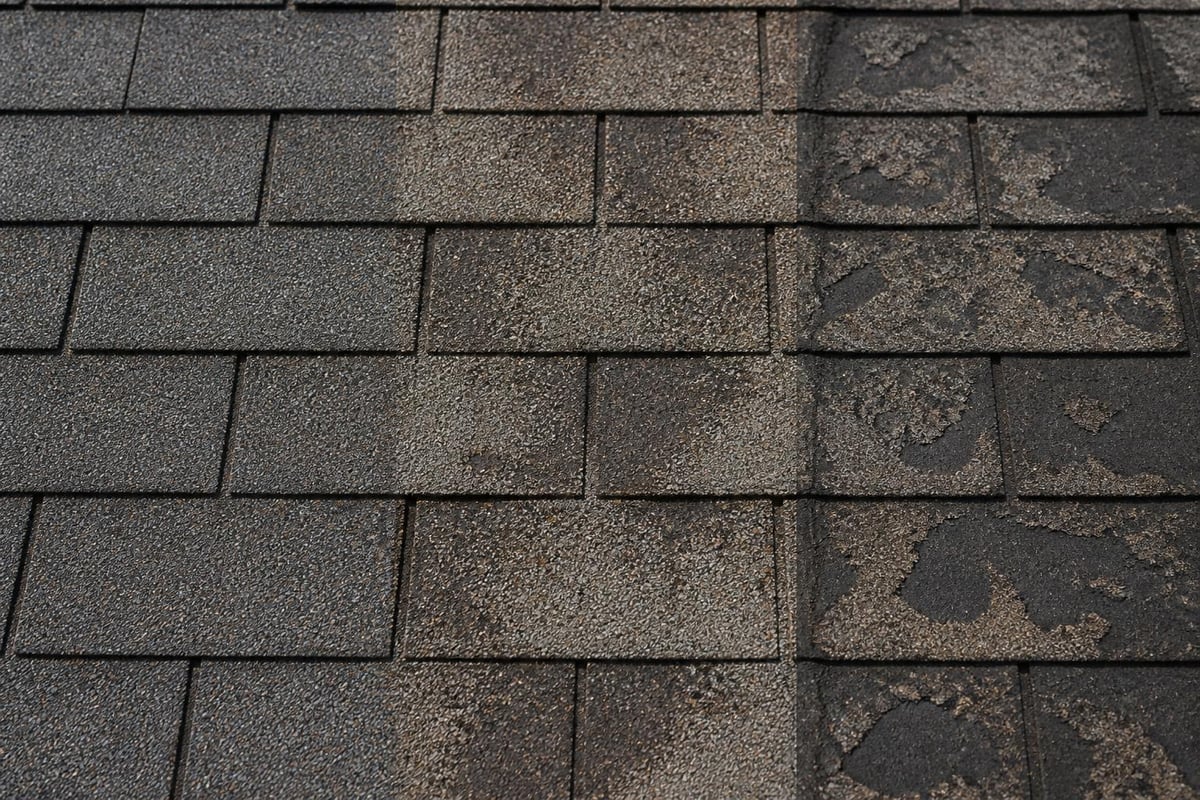 Granule loss stages on asphalt shingles