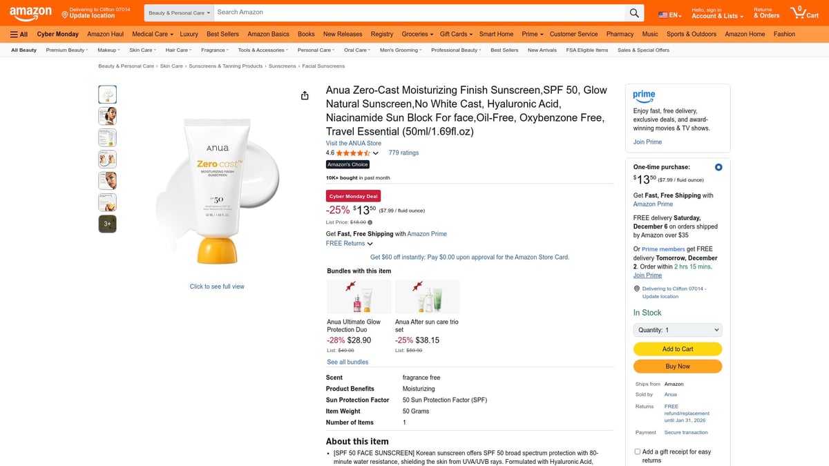 Top 10 Best K Beauty Products to Try in 2026 - Anua Zero-Cast Moisturizing Finish Sunscreen SPF 50