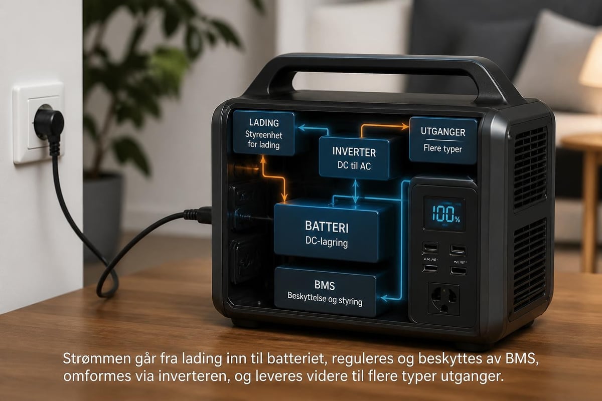 Strømstasjonens komponenter og energiflyt