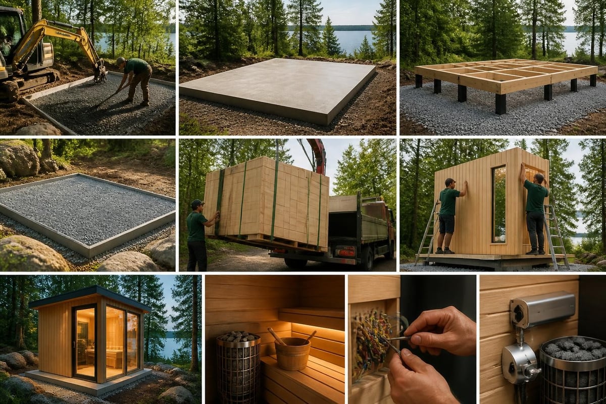 Outdoor sauna foundation and installation