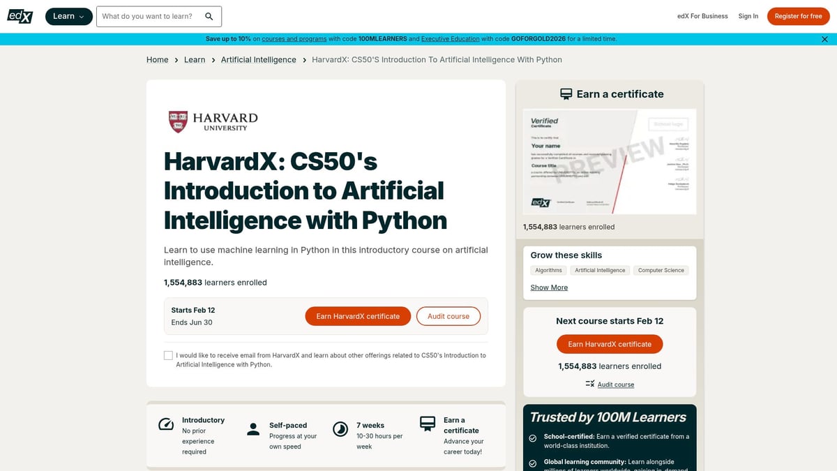 9 Essential AI And ML Courses Online to Boost Your Skills in 2026 - CS50’s Introduction to Artificial Intelligence with Python (HarvardX, edX)