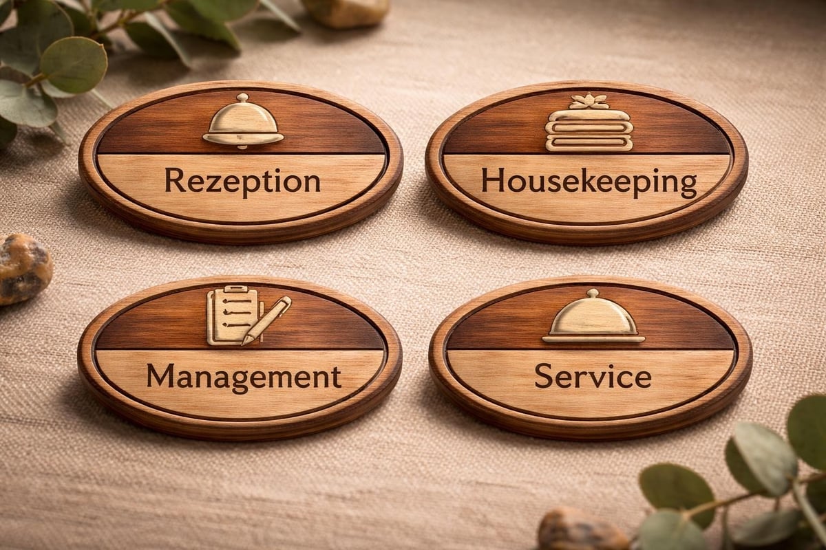 Hotel staff name badges across departments