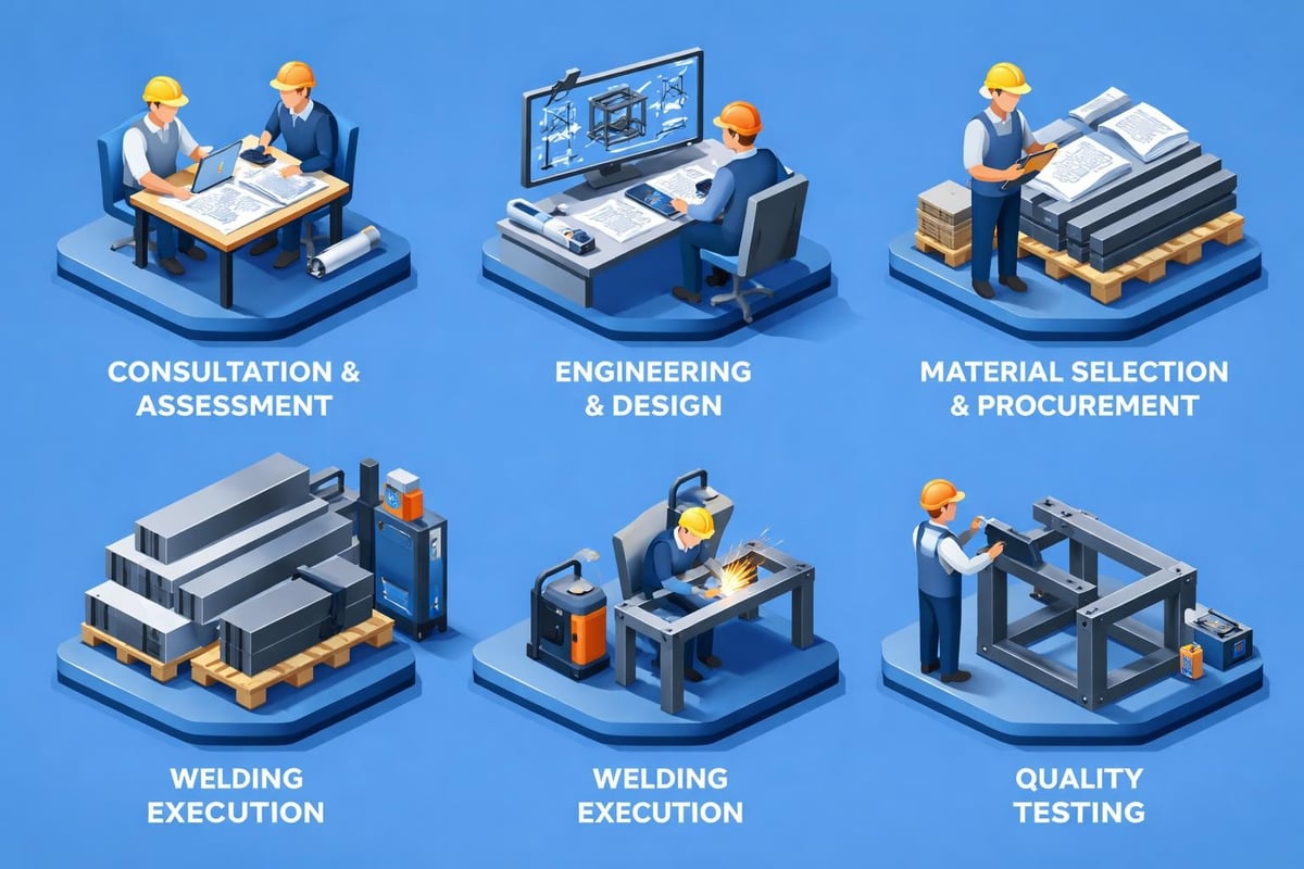 Illustration of industrial fabrication process, featuring consultation and assessment, engineering and design, material selection and procurement, welding execution, and quality testing, relevant to custom welding and fabrication services.
