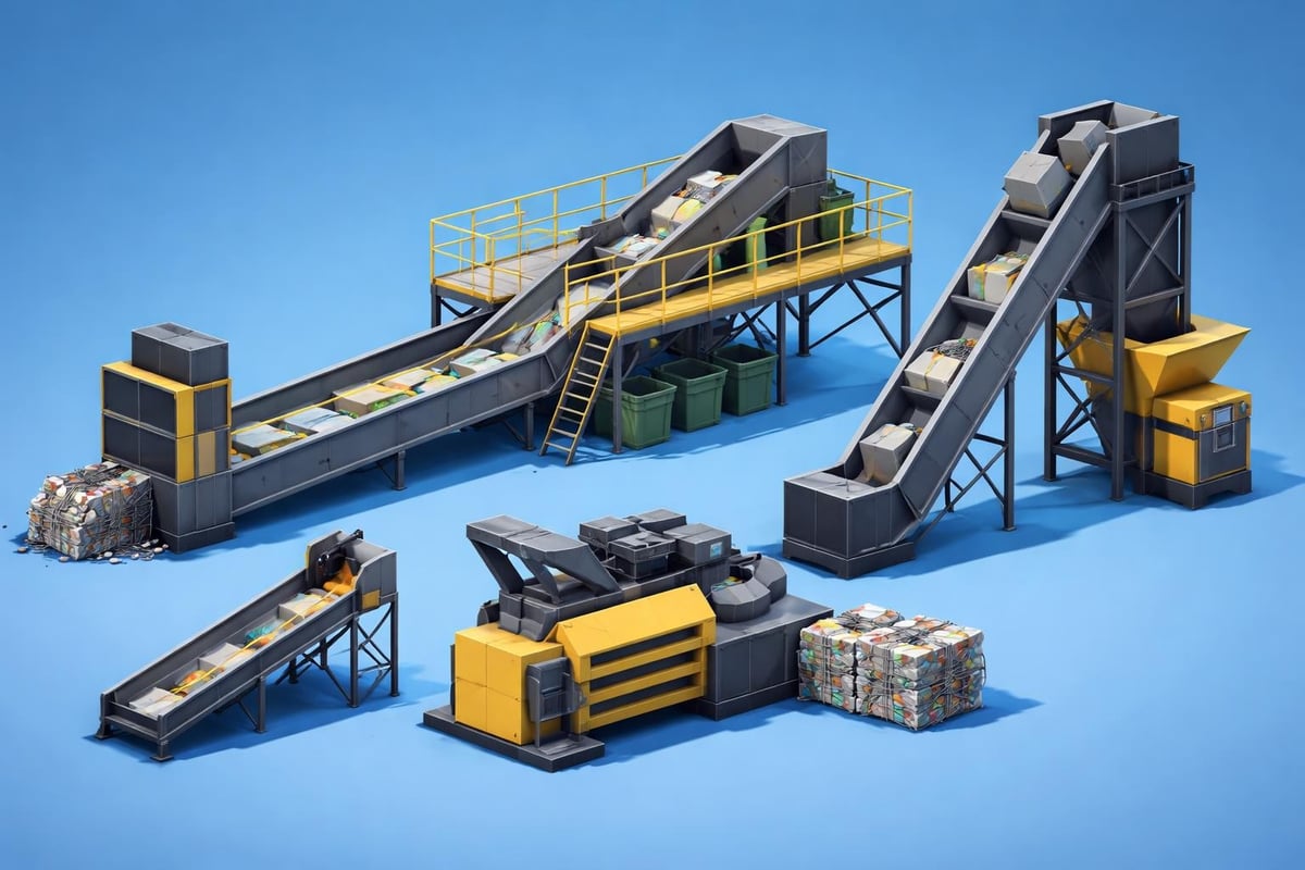 Custom recycling equipment featuring conveyor systems, sorting frames, and baler components designed for efficient material handling and rapid maintenance.