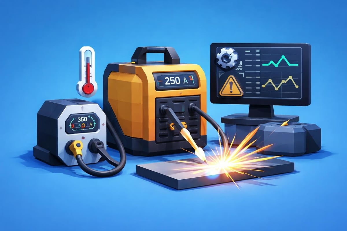 Automated welding equipment featuring a welding machine, a digital monitor displaying metrics, and a workpiece with sparks, illustrating advancements in welding technology and automation in the fabrication industry.
