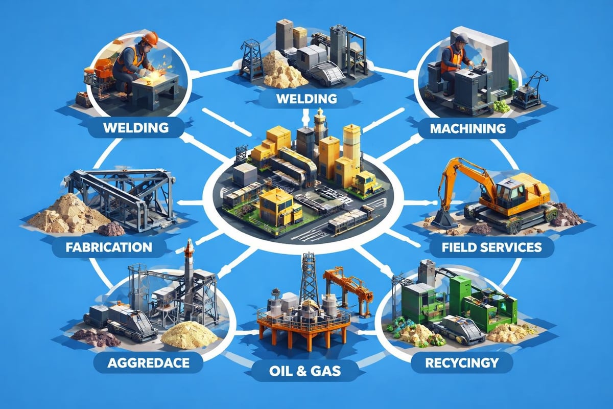 Welding, fabrication, machining, and field services illustrated in a circular diagram, highlighting connections to oil & gas, aggregate, and recycling industries, emphasizing manufacturing support services.