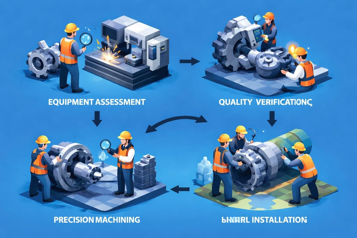 Illustration depicting industrial workers conducting equipment assessment, quality verification, precision machining, and installation of components, highlighting the comprehensive manufacturing support services by LTJ Industrial Services.