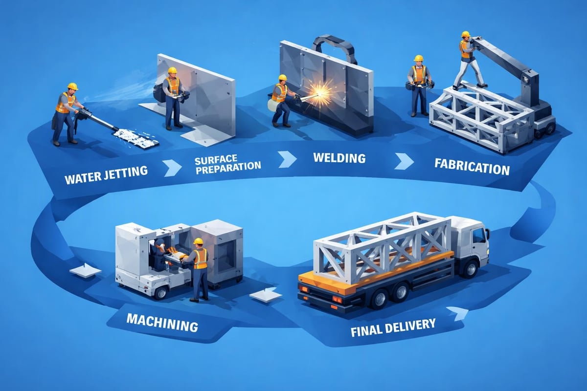 Illustration depicting industrial water jetting process, featuring workers in safety gear performing water jetting for surface preparation, followed by welding, machining, fabrication, and final delivery, emphasizing manufacturing support services.