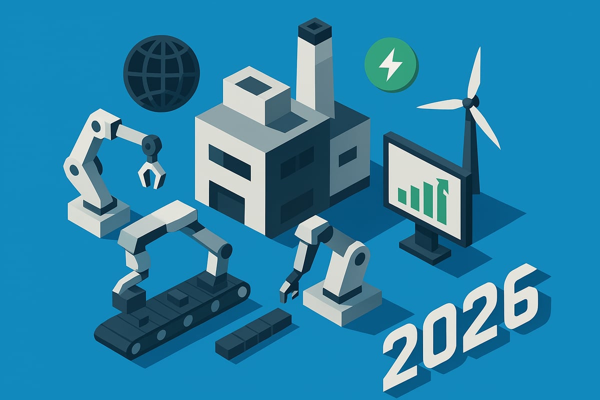Industrial manufacturing scene depicting robotic arms, factory, and digital technology with the year 2026, highlighting trends like automation and sustainability.