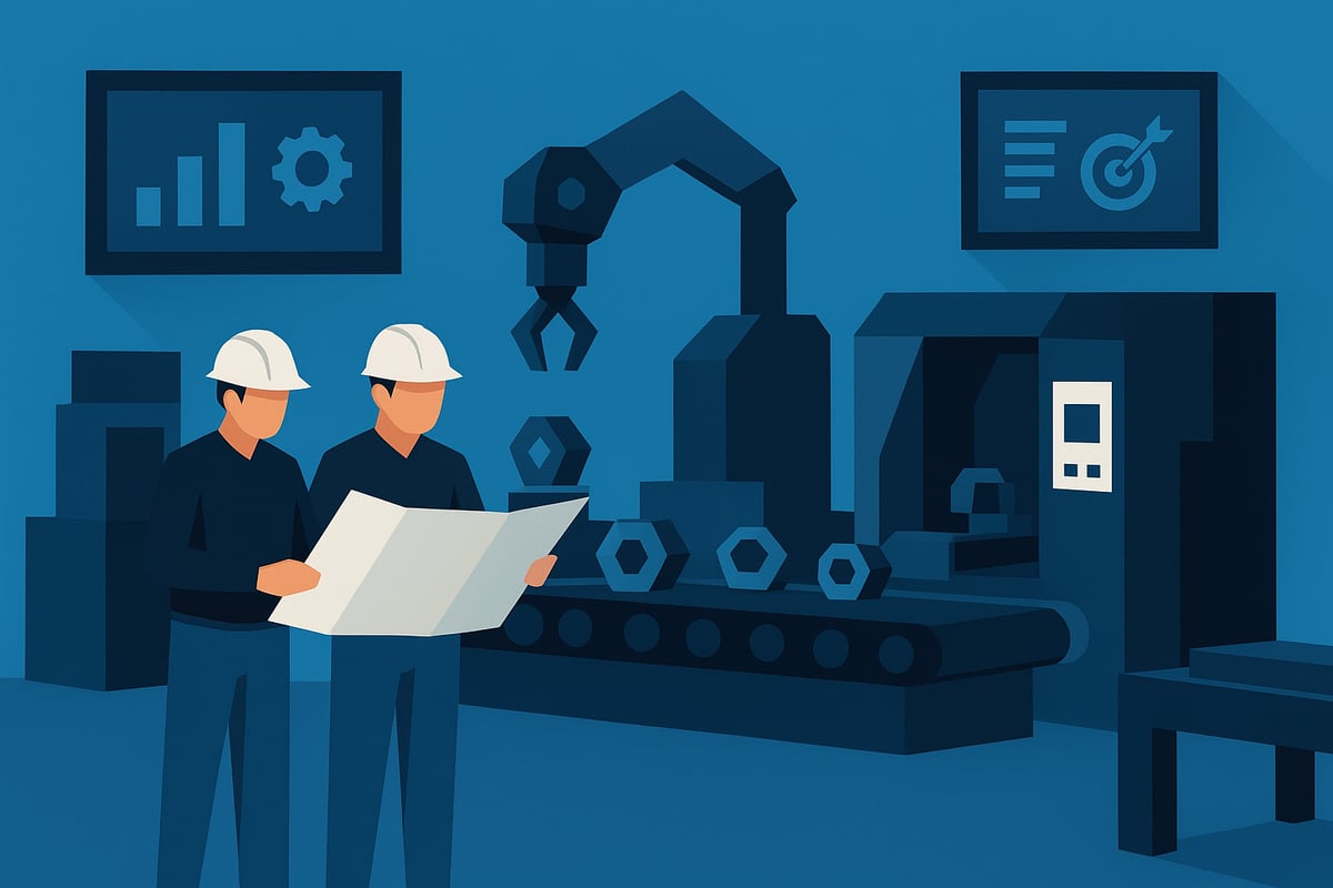 Two industrial workers reviewing blueprints in a manufacturing facility, featuring machinery, automation tools, and performance metrics on screens, emphasizing technology and planning in industrial manufacturing.