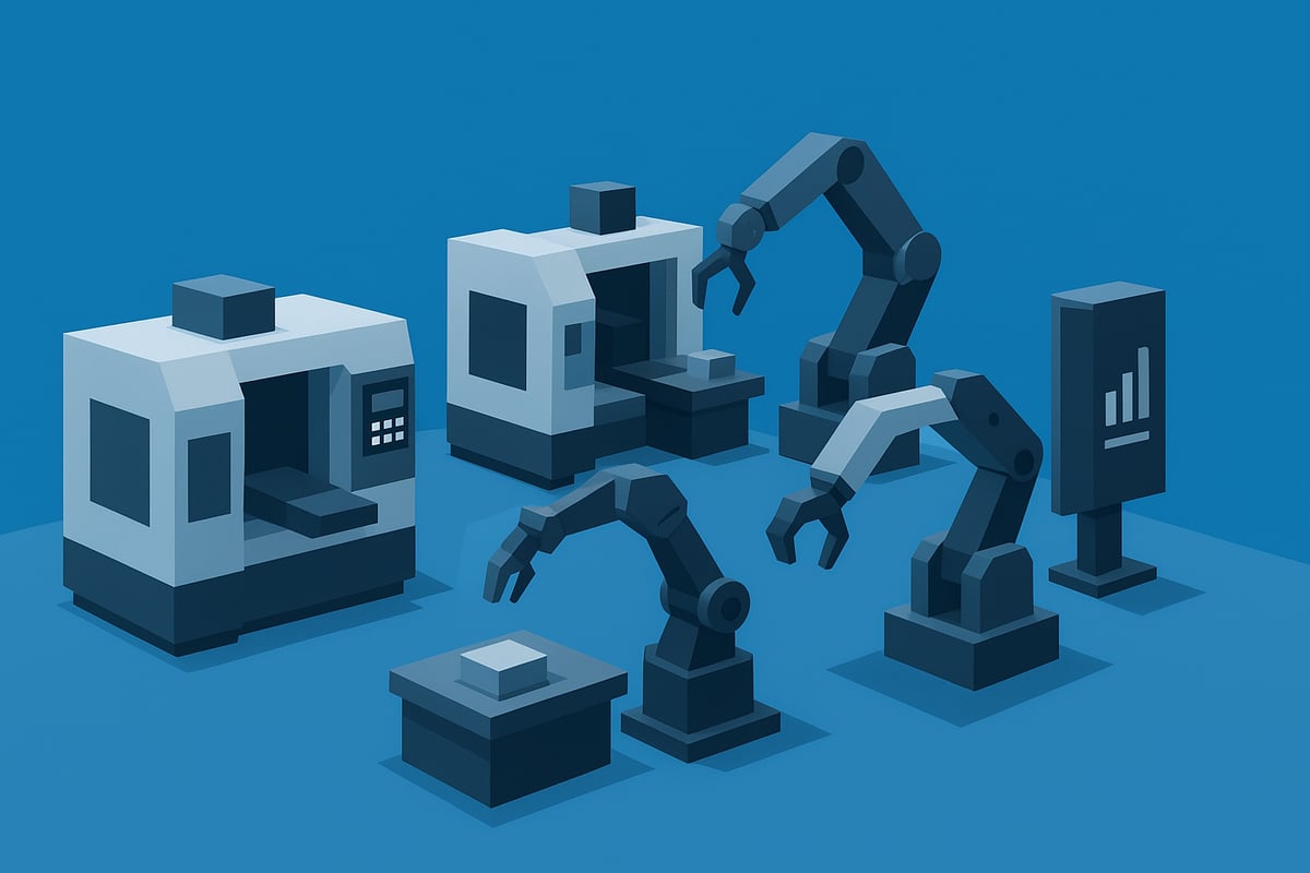 Low-poly style illustration of industrial manufacturing equipment, including CNC machines and robotic arms, representing advanced technology and automation in manufacturing processes.