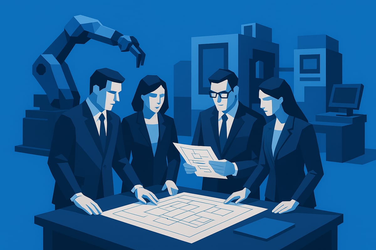 Professional team of businesspeople analyzing a blueprint on a table, with an industrial robotic arm in the background, symbolizing collaboration and technology in industrial manufacturing partnerships.