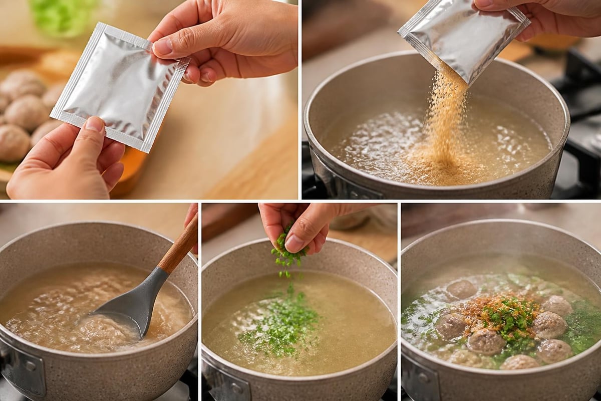 Instant bakso broth preparation steps