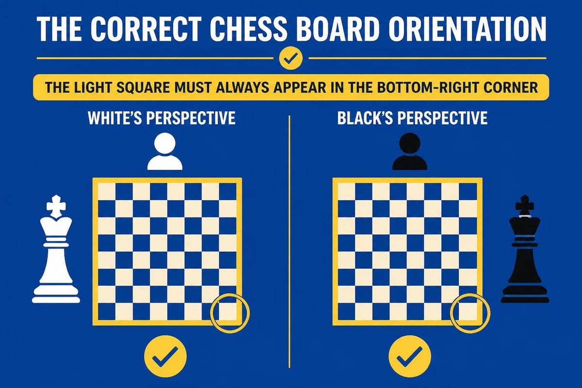 Chess board orientation with light square in bottom right corner