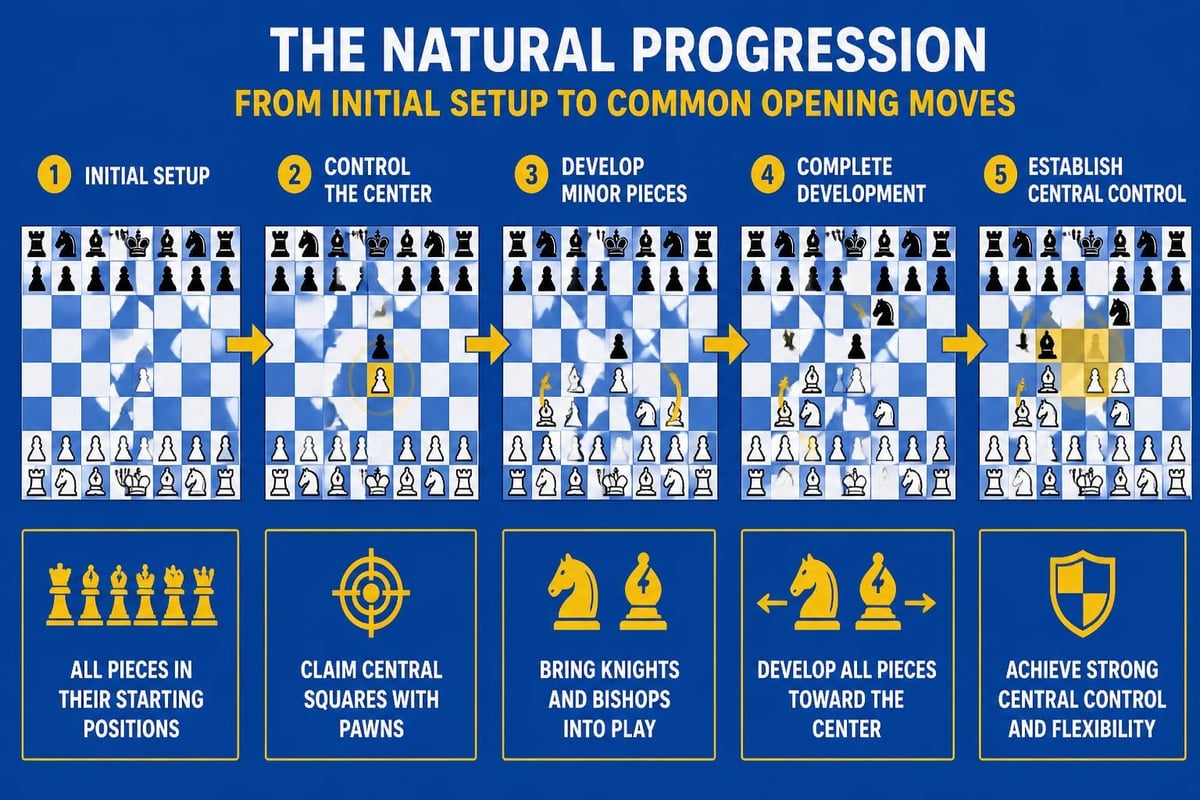 Chess opening development from starting position