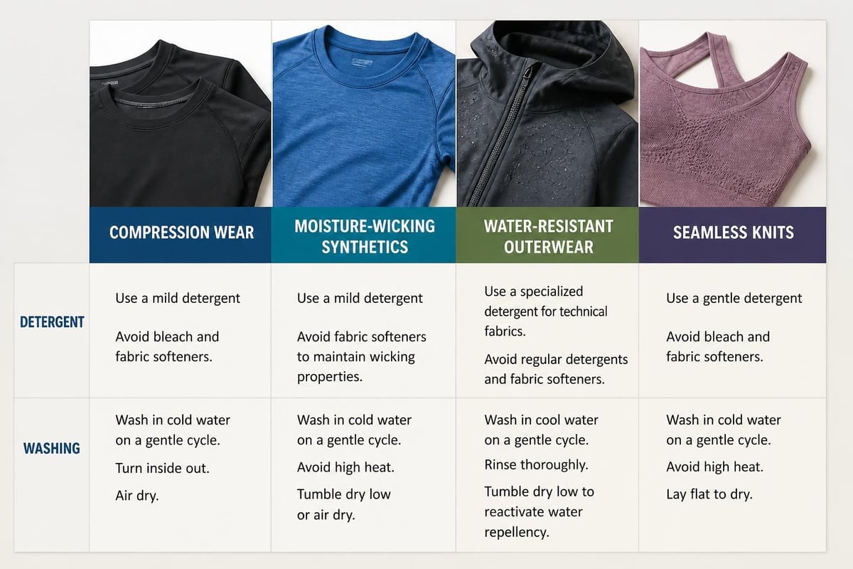 Different athletic fabric types requiring specialized laundry treatment