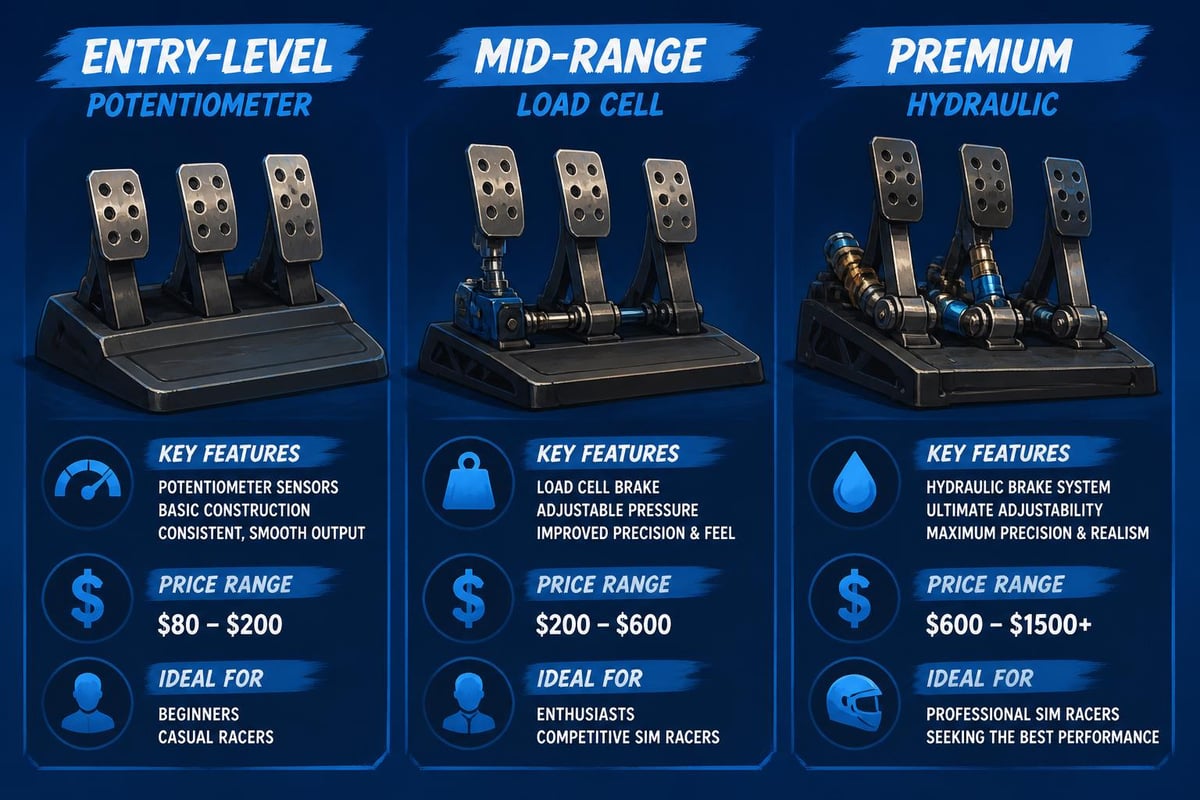 Sim racing pedal features by budget tier