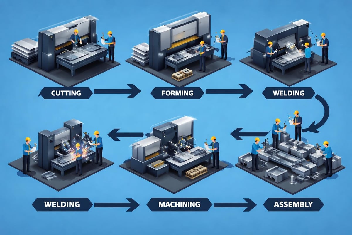 Illustration of fabrication industrial processes, featuring workers engaged in cutting, forming, welding, machining, and assembly of metal components, highlighting key techniques used in custom fabrication services.
