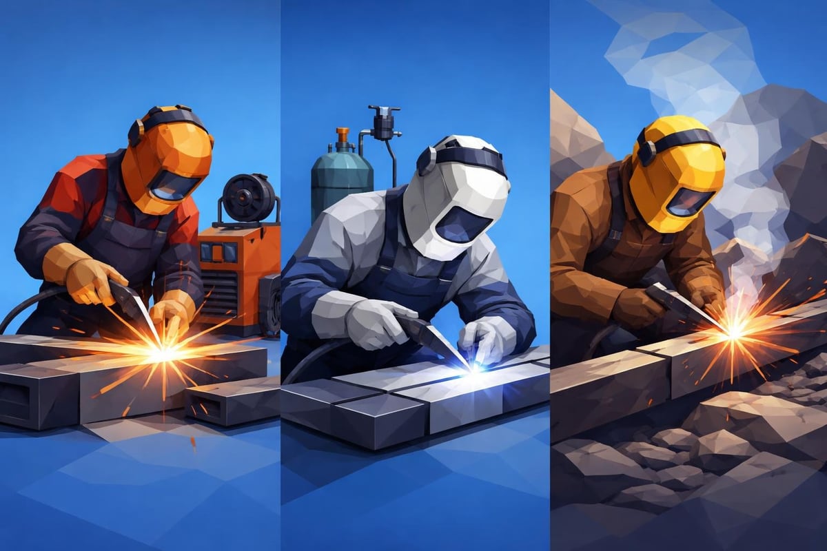 Welders performing Gas Metal Arc Welding, Gas Tungsten Arc Welding, and Shielded Metal Arc Welding, showcasing various techniques and equipment in a fabrication industrial setting.