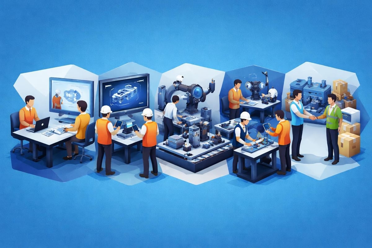 Illustration of an industrial fabrication workspace featuring engineers and technicians collaborating on design, using computers and tablets, with machinery and components in the background, highlighting the process of tailored fabrication solutions.
