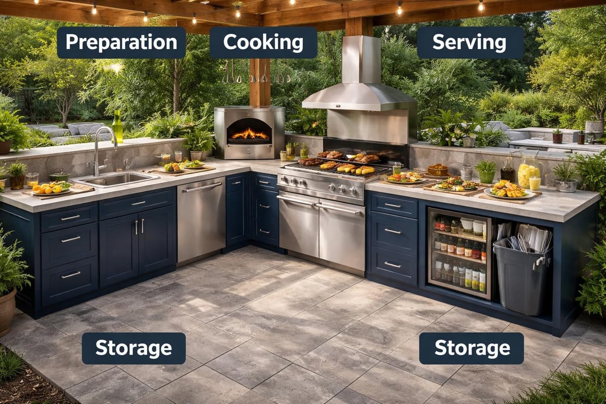Custom outdoor kitchen workflow zones