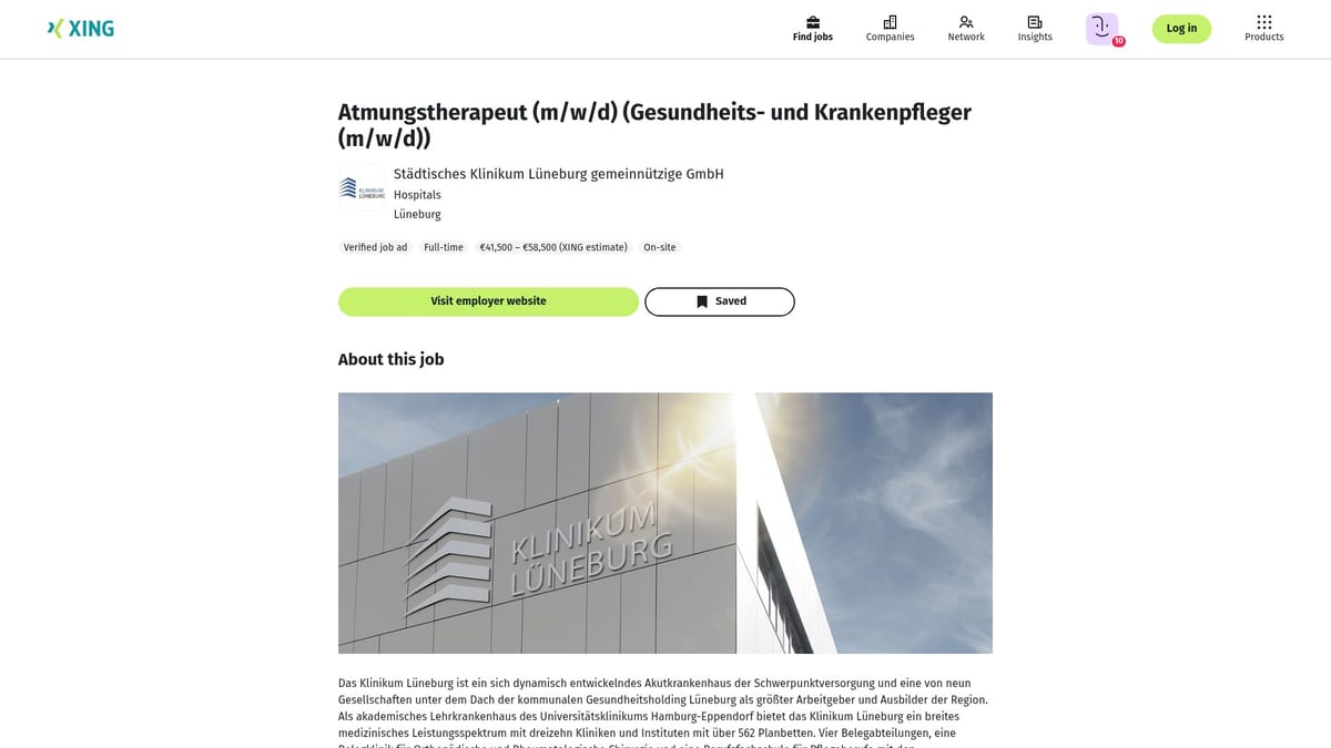 Top 10 Gesundheits- und Krankenpfleger Stellenangebote 2025 - Städtisches Klinikum Lüneburg – Atmungstherapeut (m/w/d)