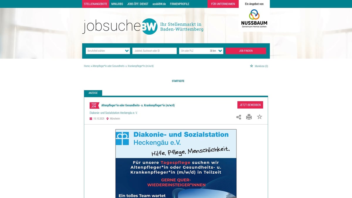 Top 10 Gesundheits- und Krankenpfleger Stellenangebote 2025 - Diakonie- und Sozialstation Heckengäu – Ambulante Pflege