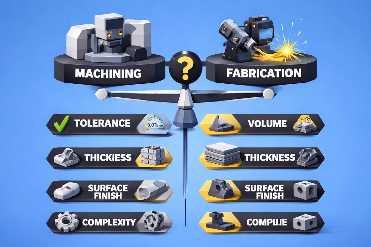 Machining versus fabrication comparison graphic highlighting tolerance, volume, thickness, surface finish, and complexity in industrial manufacturing processes.