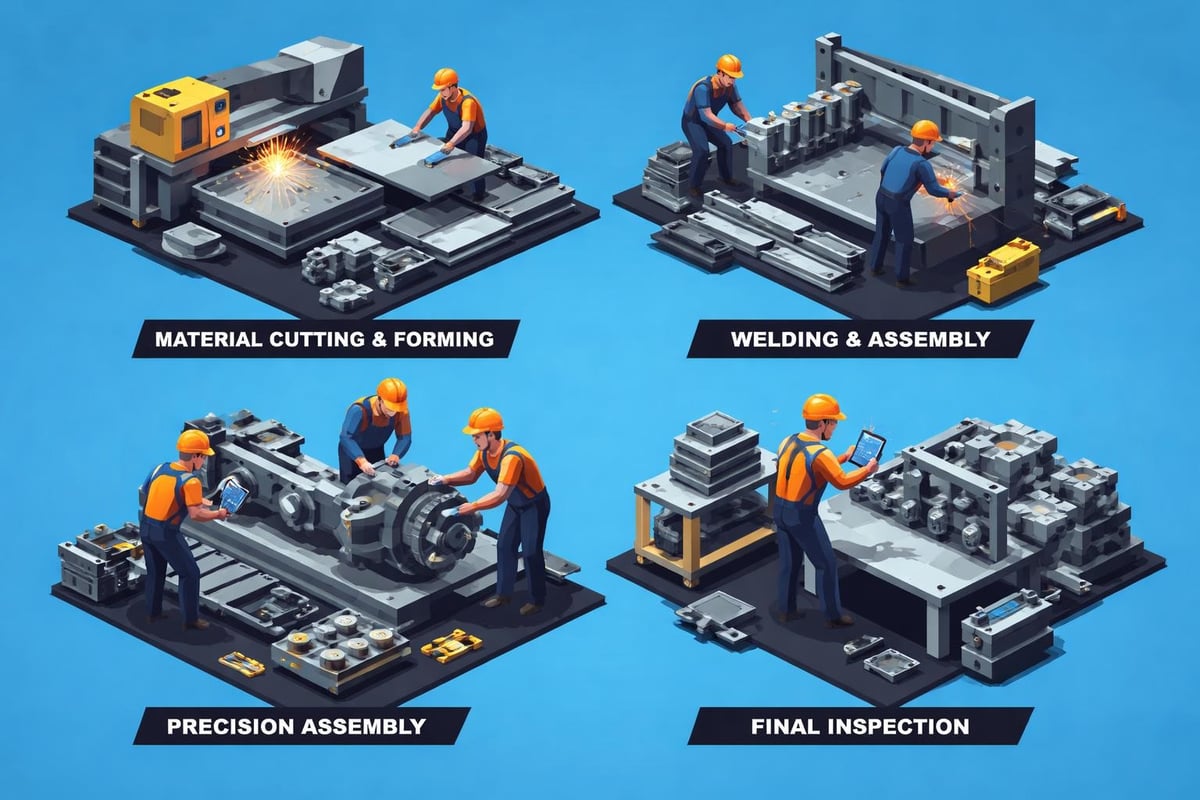Industrial workers engaged in material cutting, welding, precision assembly, and final inspection processes, illustrating comprehensive machining and fabrication workflows.