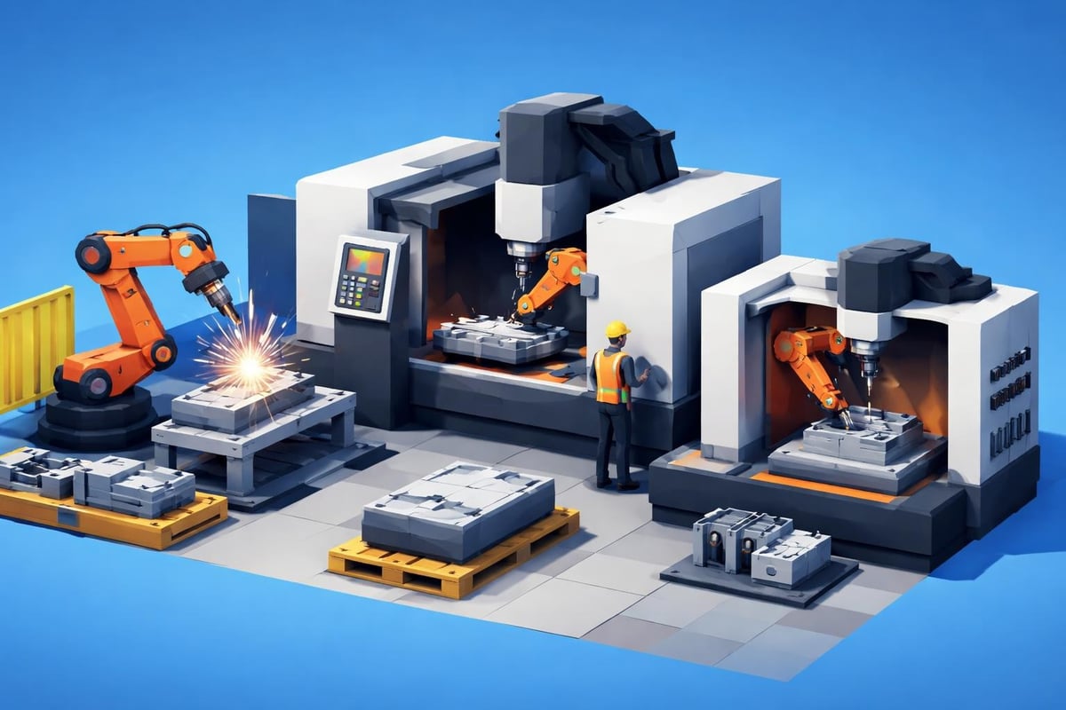 Robotic machining and welding setup featuring a worker, automated arms, and precision parts, illustrating advanced manufacturing processes for industrial applications.
