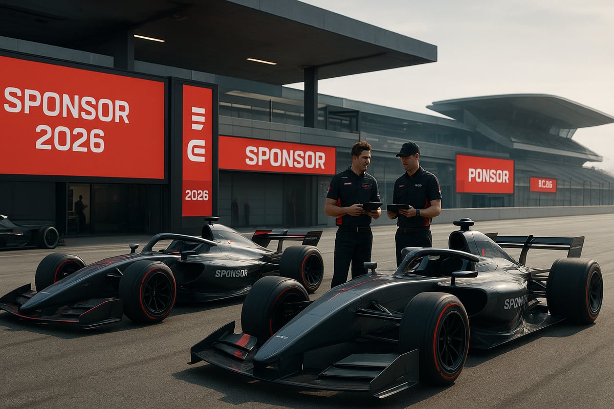 Two people in black stand near black race cars on a track, red 