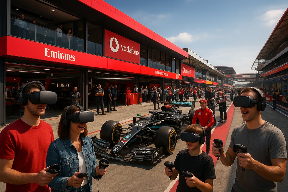 People wearing VR headsets at a Formula 1 track, near a race car and garages.