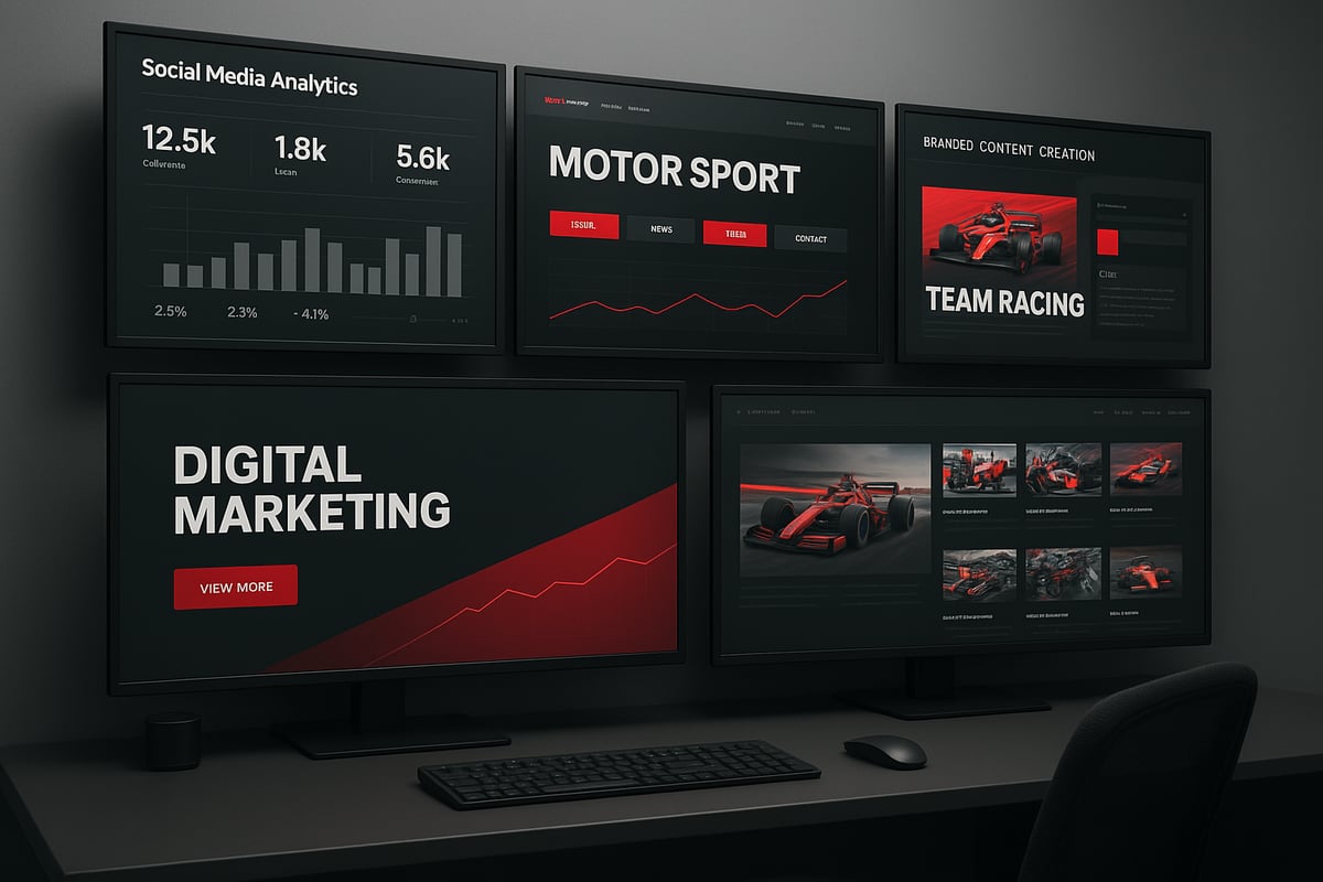 Five computer screens displaying data and racing imagery on a desk. Dark theme with red accents.