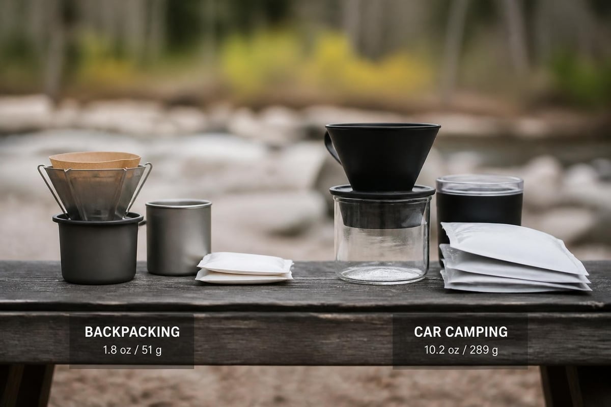 Essential pour over coffee gear laid out for camping