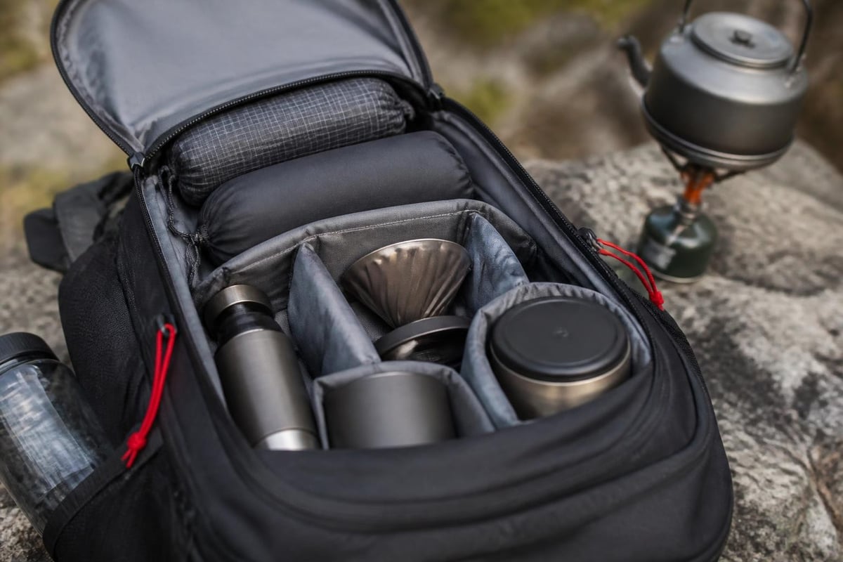Coffee gear organized in backpack
