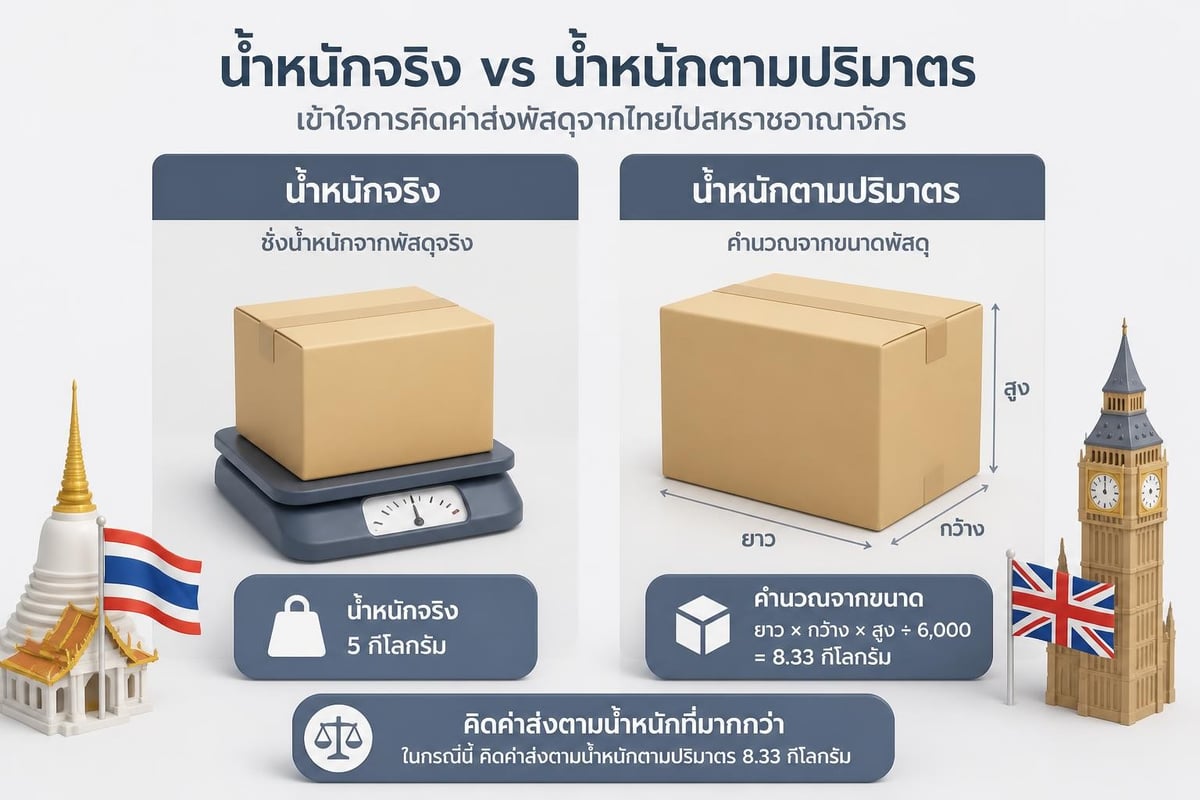 น้ำหนักจริงและน้ำหนักปริมาตรสำหรับการขนส่งไปอังกฤษ
