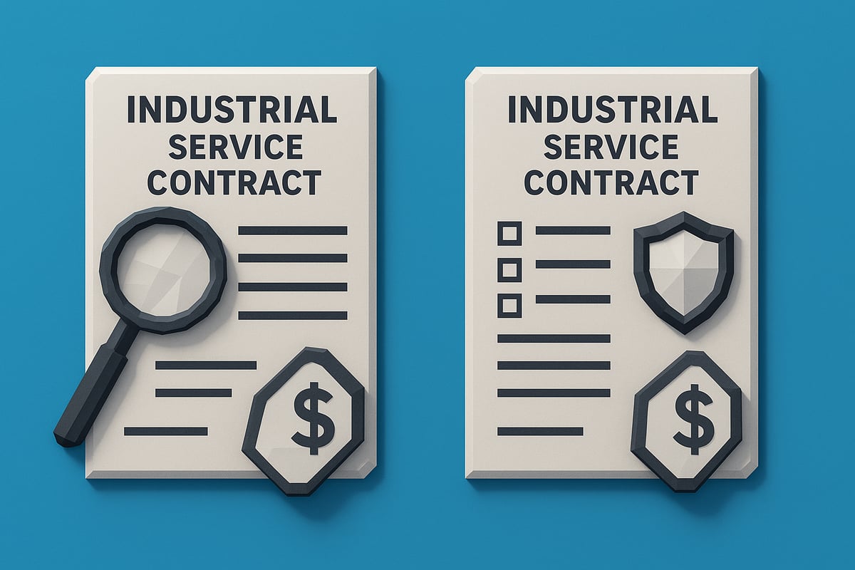 Industrial service contracts with magnifying glass and dollar sign, illustrating pricing structures and contract terms for industrial services selection.