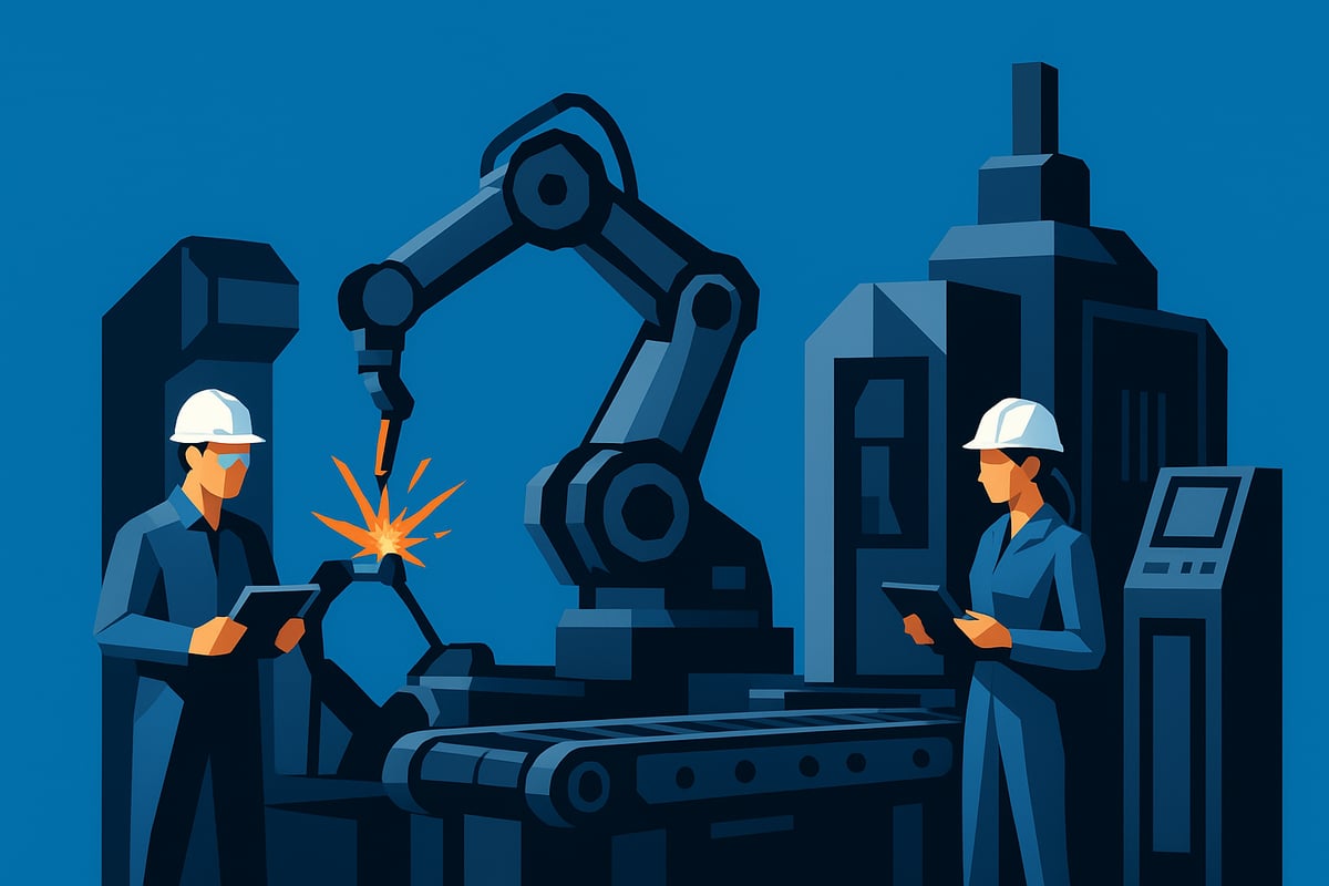 Industrial workers monitoring robotic welding process in a modern manufacturing setting, highlighting advanced fabrication technologies and operational efficiency.