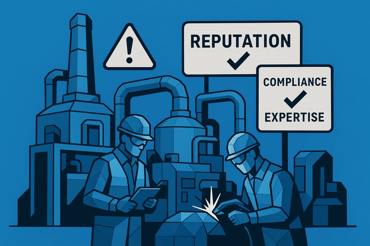 Low-poly illustration of industrial workers assessing equipment in a factory, highlighting key attributes like reputation, compliance, and expertise, relevant to industrial services and operational reliability.