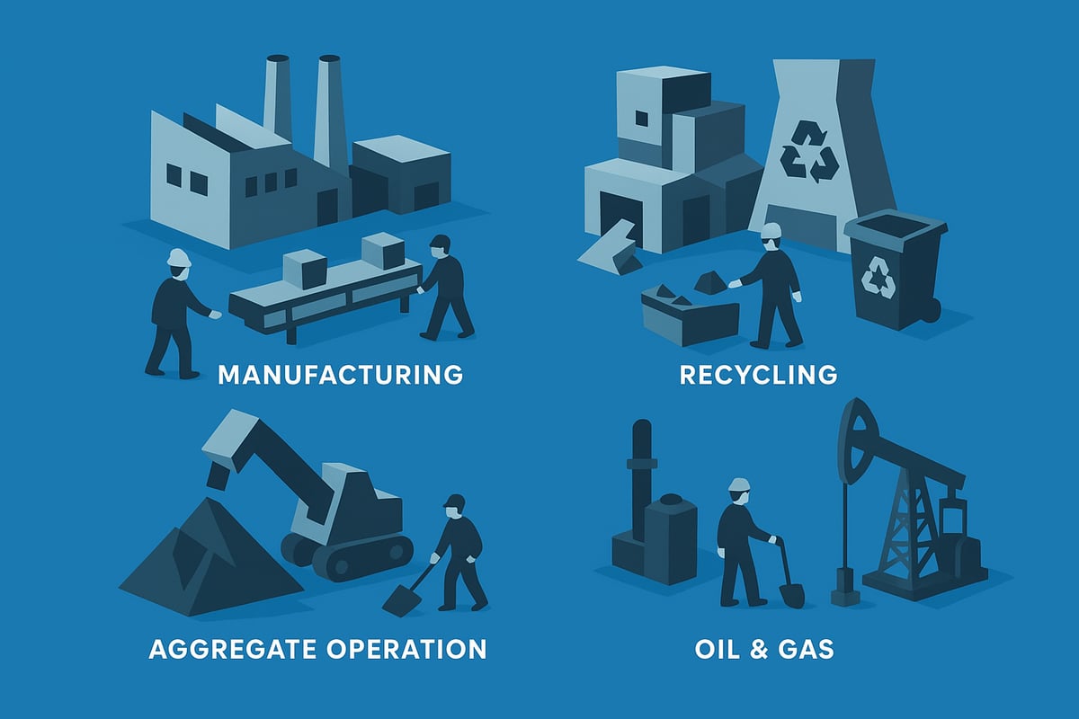 Low-poly illustration depicting industrial sectors: manufacturing with workers and machinery, recycling with waste management, aggregate operation with excavators, and oil & gas extraction, highlighting essential services for productivity in industrial operations.