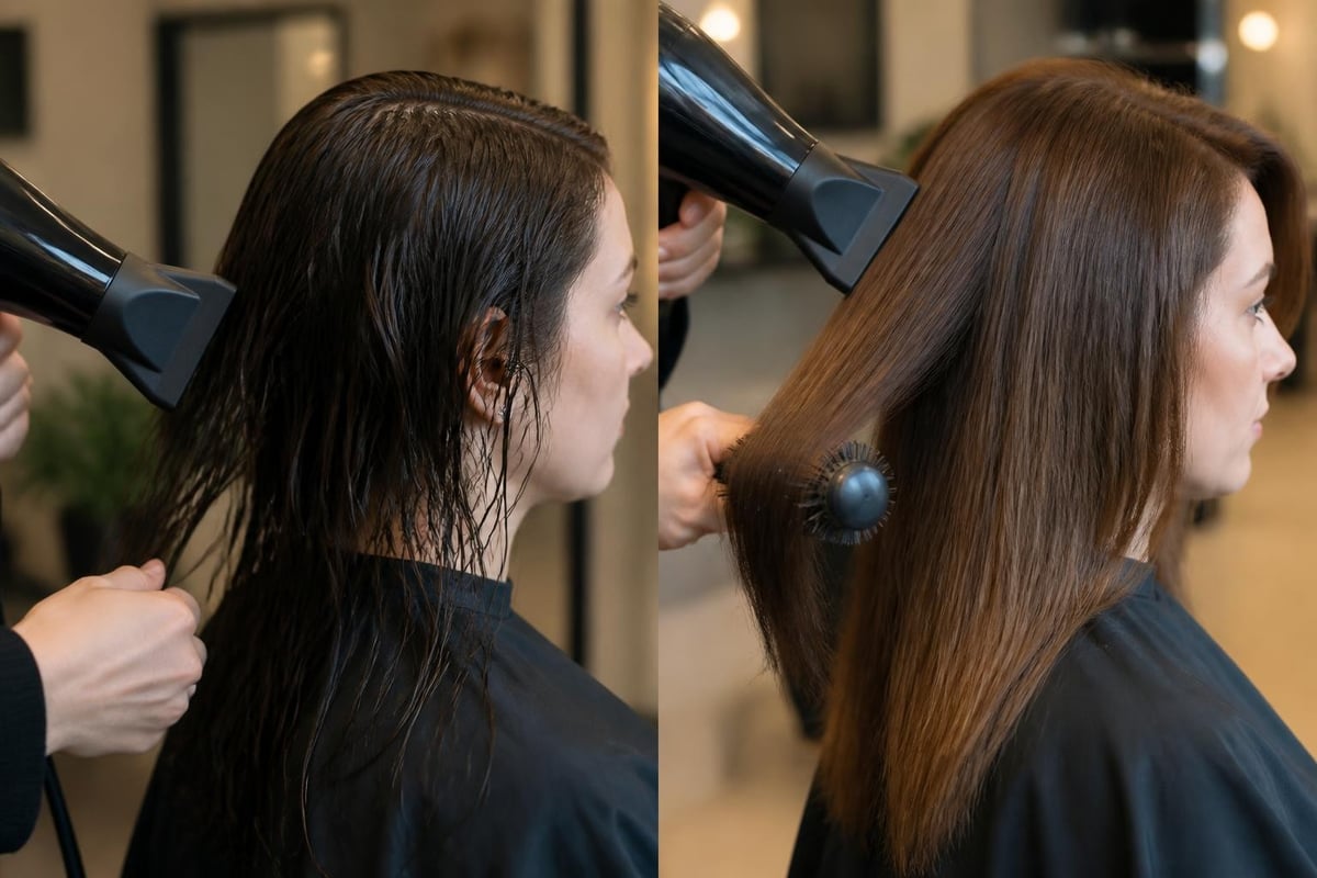 Blow-drying hair completely dry before teasing, the first step to damage-free volume