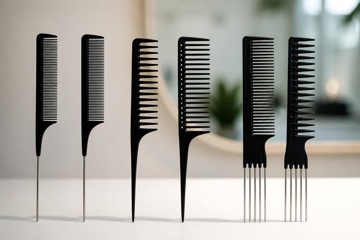 Comparison of teasing comb designs, from fine-tooth tail combs to three-row volumising styles